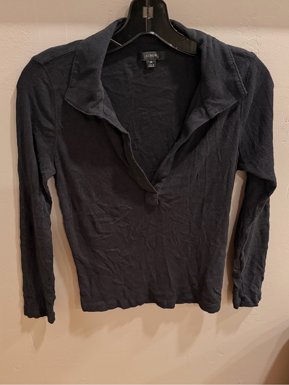 J. Crew Women's Soft Long-Sleeve Ribbed Black Polo T Shirt V-Neck Top #447